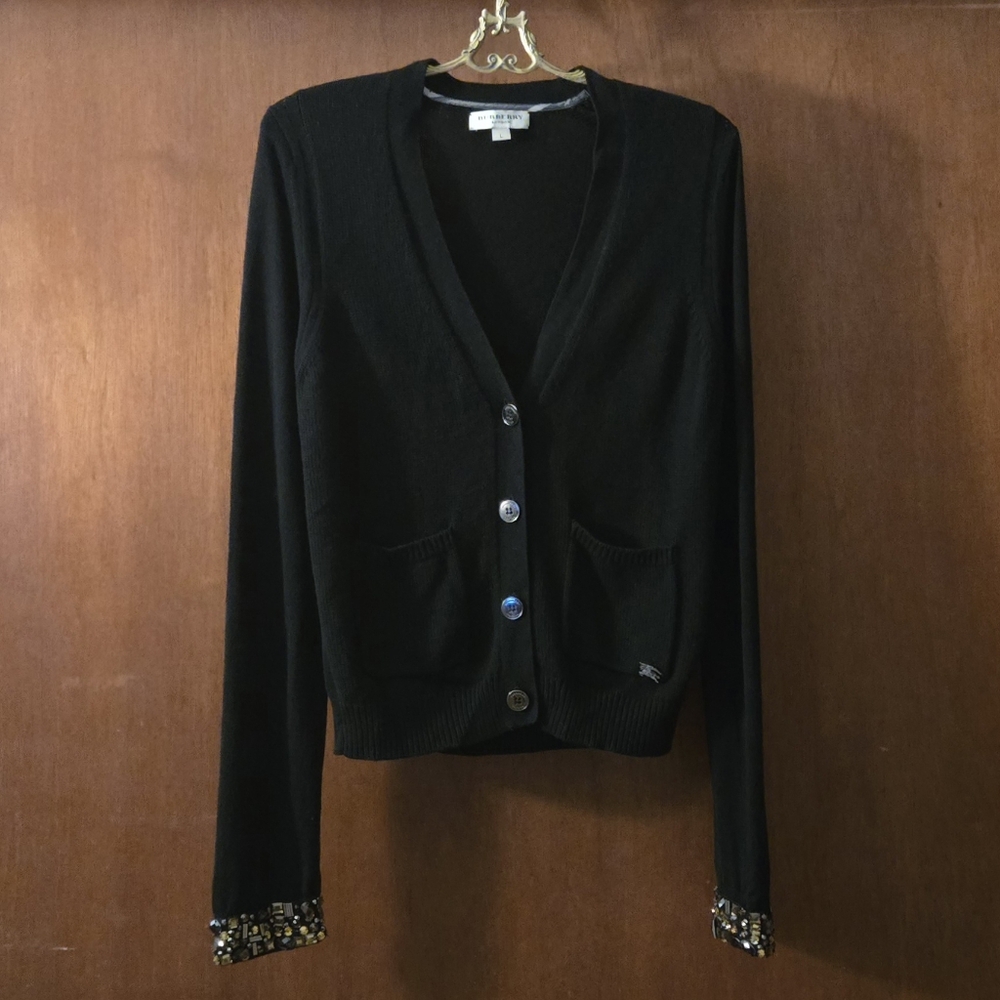 Burberry London Wool Silk Cashmere Blend Jeweled Cardigan Sweater